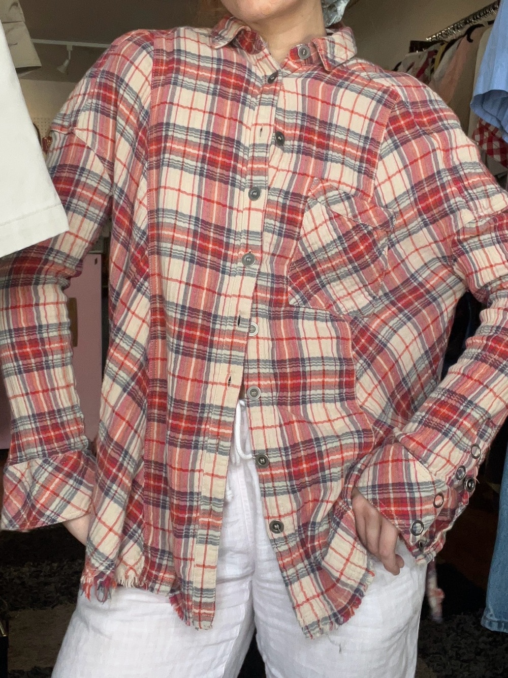 free people Red & Cream Plaid Button-Up Shirt thick metal buttons
